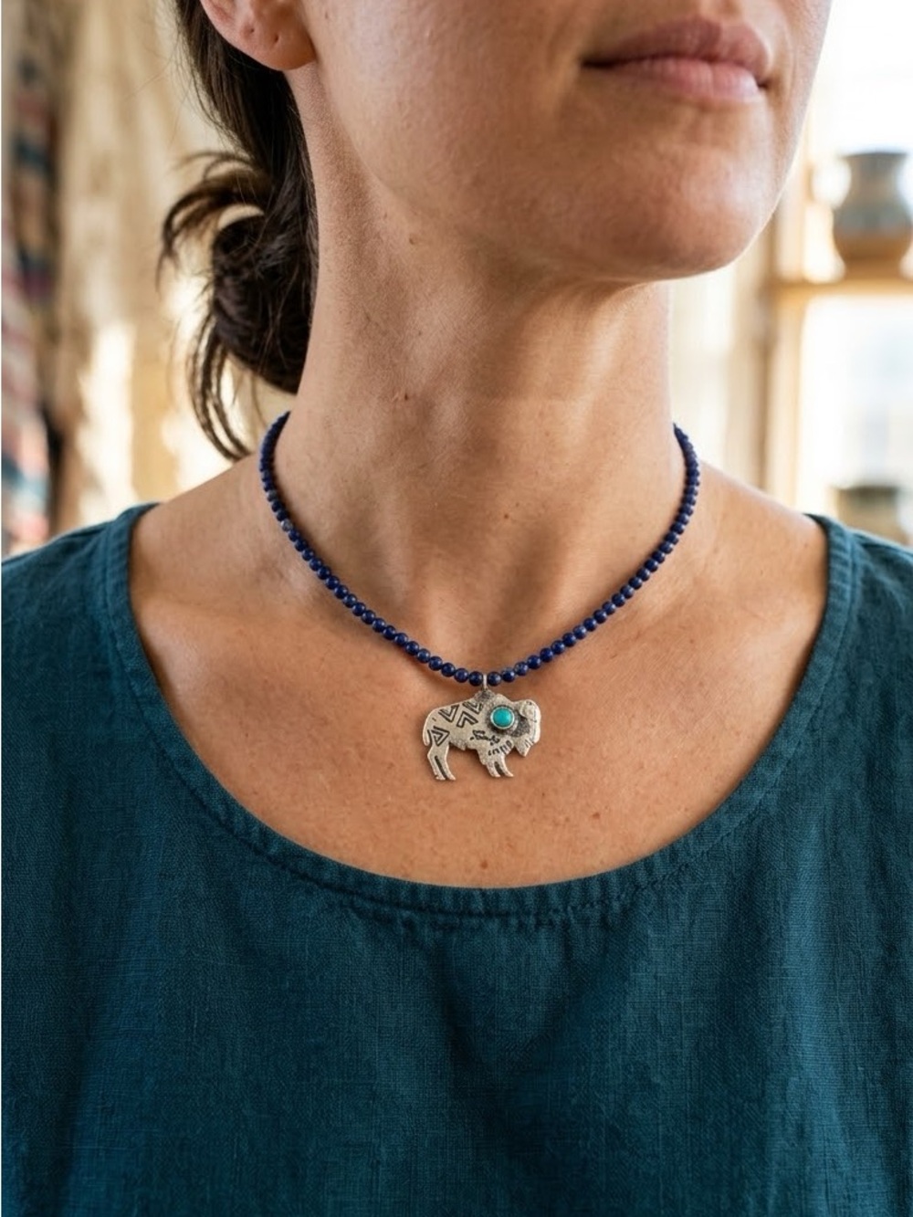 Western Blue Lapis Gemstone Beads & Silver Plated Buffalo w/Turquoise accent
